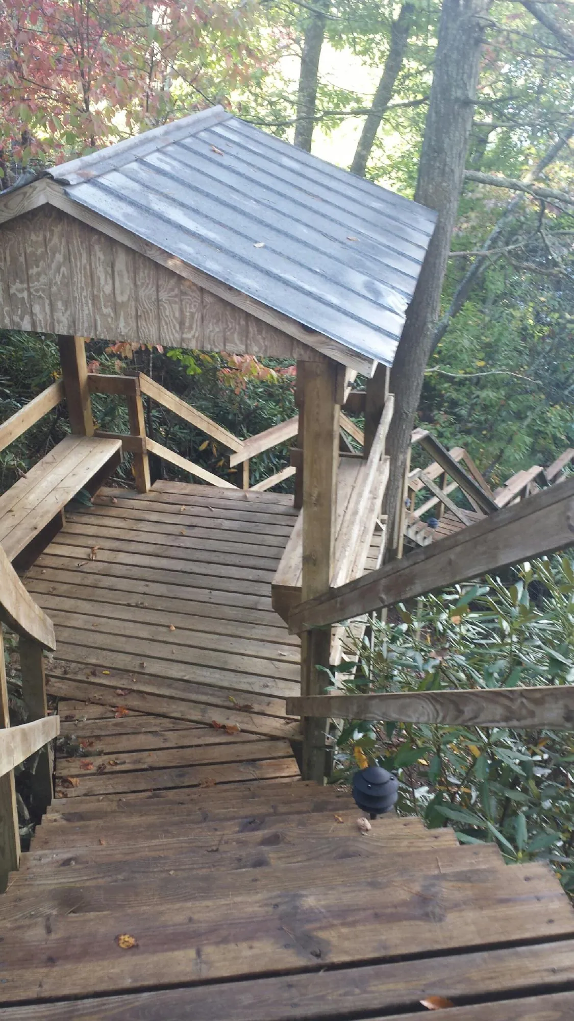 Metal roofed shelter over wooden steps on a wooded walkway — Skylight Repair & Installation work by our crew in Brevard